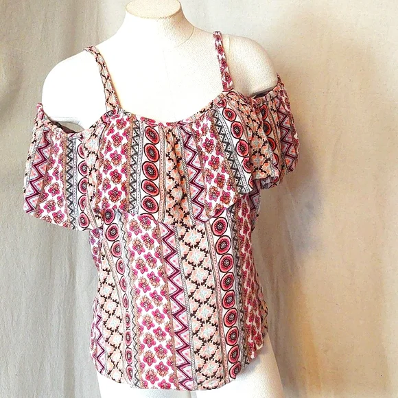 Midnight Sky Cold Shoulder Peasant Top, Colorful Geometric Floral women’s Large - Picture 1 of 10
